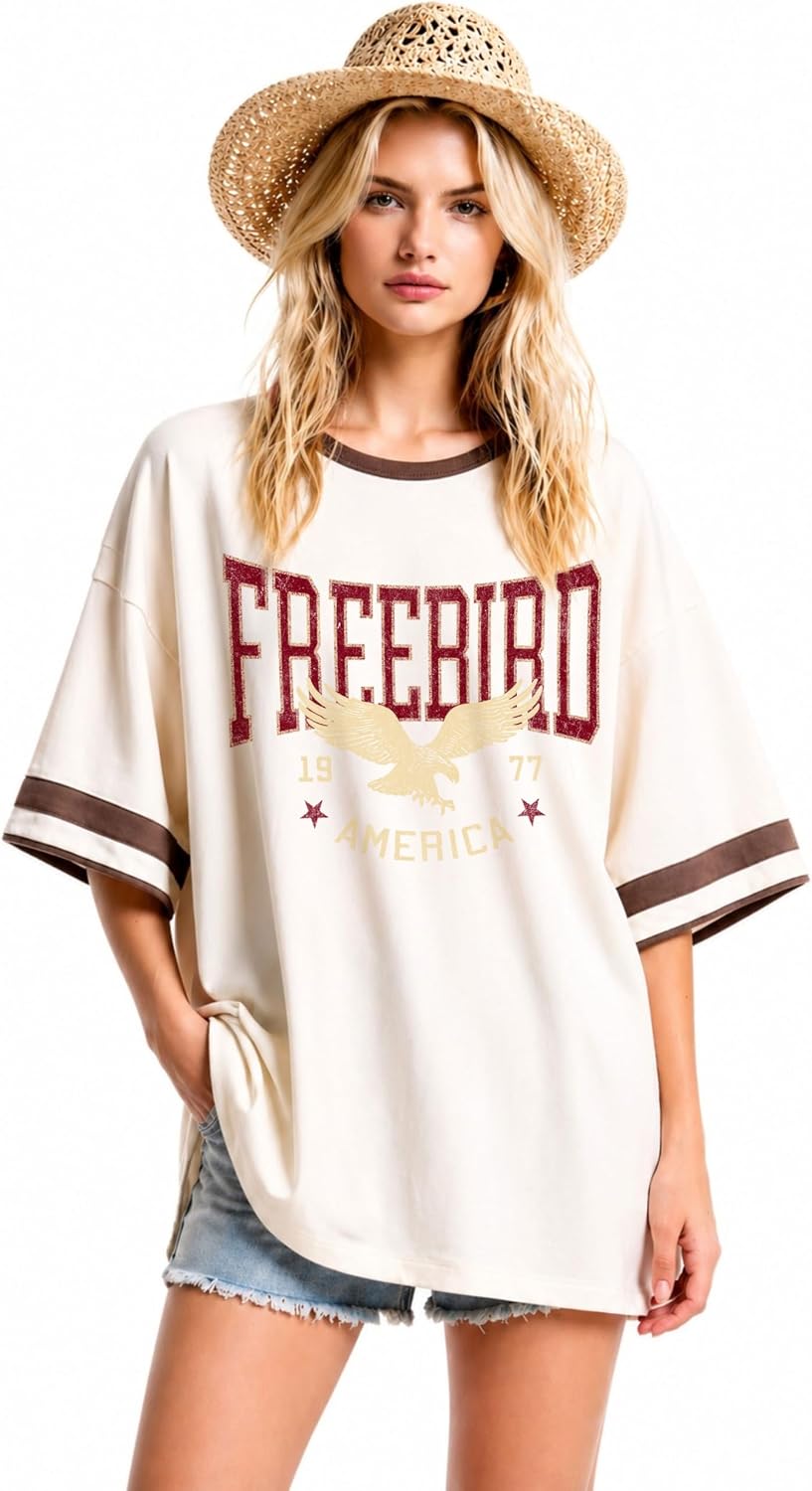 Extreme Oversized Vintage Western Graphic Tee for Women Cowgirl Rodeo Boho Loose Fit Tee - Vintage Cream Free Bird