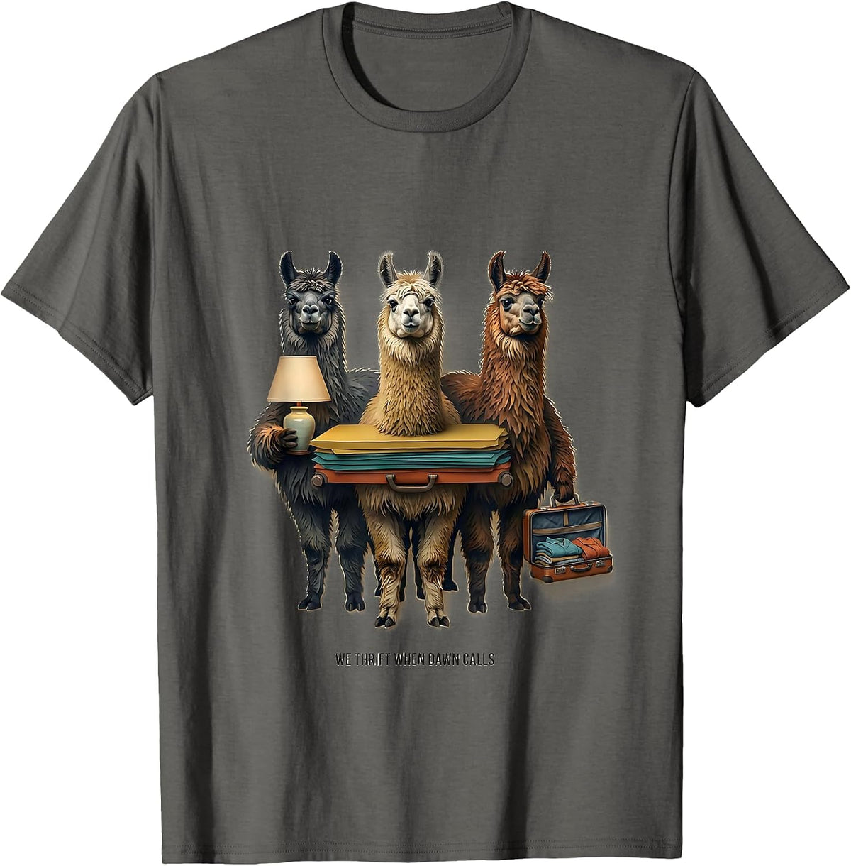 Men's We Thrift When Dawn Calls Paper Cutout Llama Thrifting Humor T-Shirt - Asphalt Grey