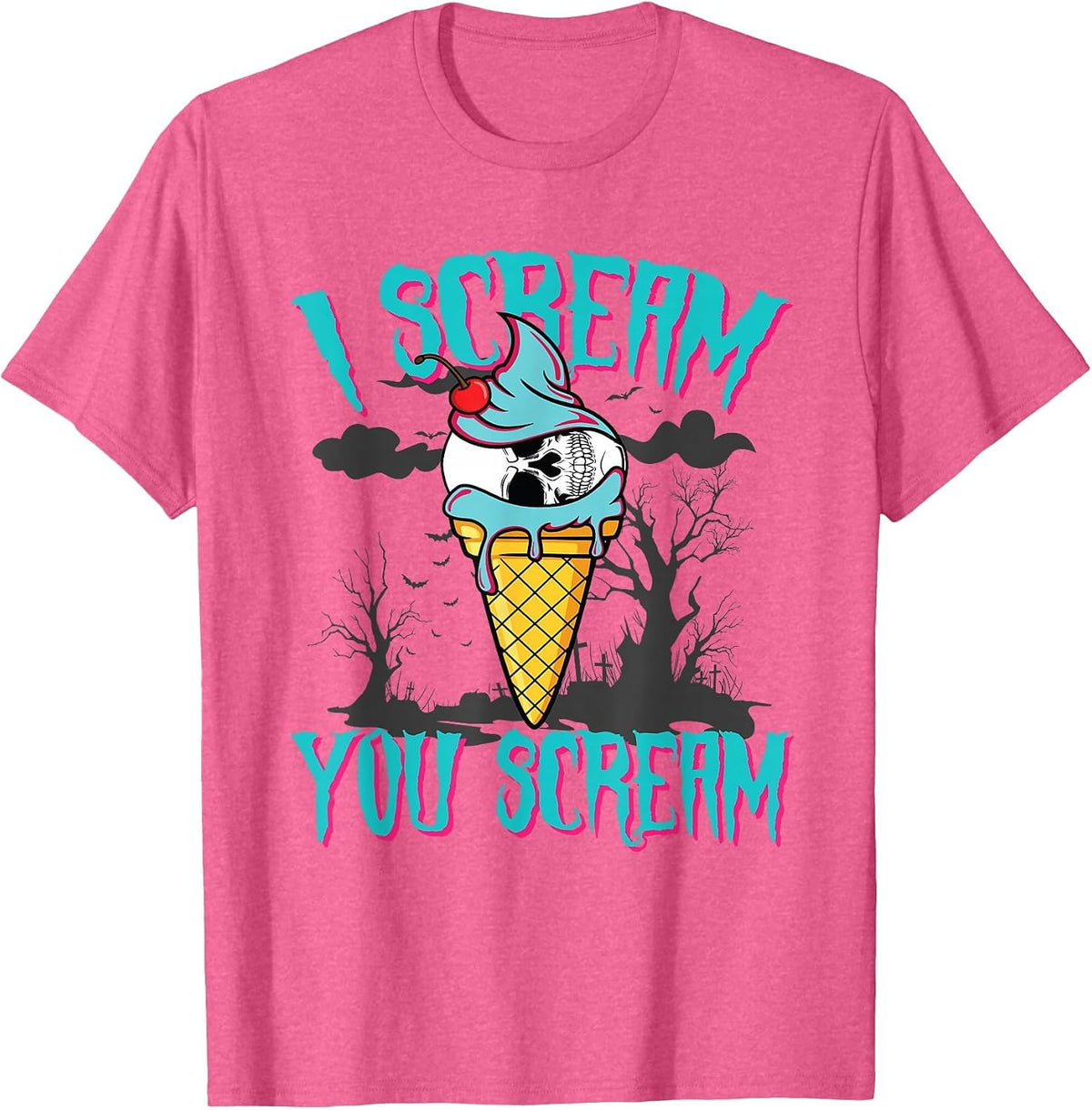 Scary Halloween Skull Ice Cream I Scream You Scream T-Shirt - Pink Heather