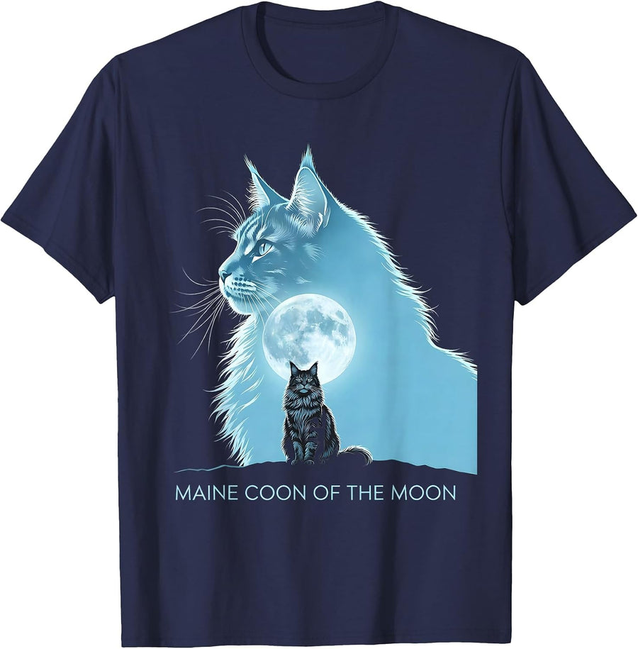 Maine Coon Of The Moon Funny Cat Art Retro Feline Lover T-Shirt - Navy Blue
