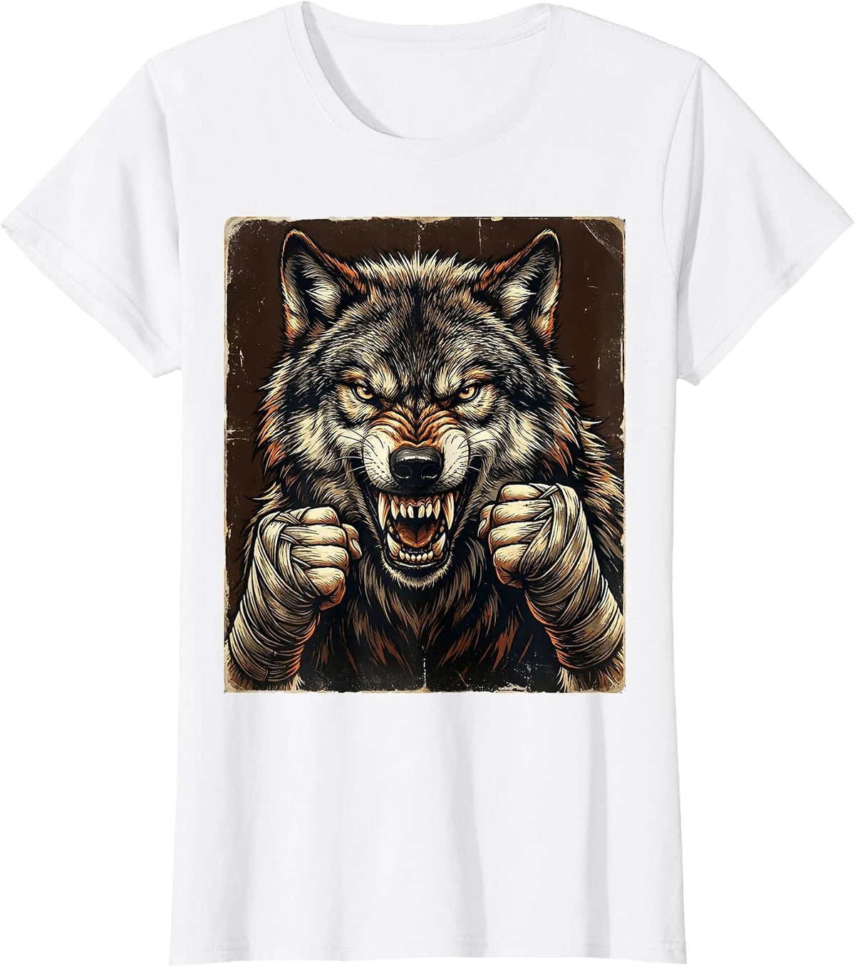 Wolf Boxer Snarl Fighter Wraps Boxing Design T-Shirt - White