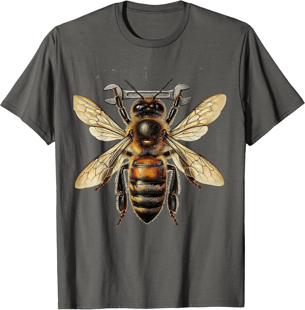 Men's Bee Mechanic Holding Wrench Funny Bug Art T-Shirt - Asphalt Grey