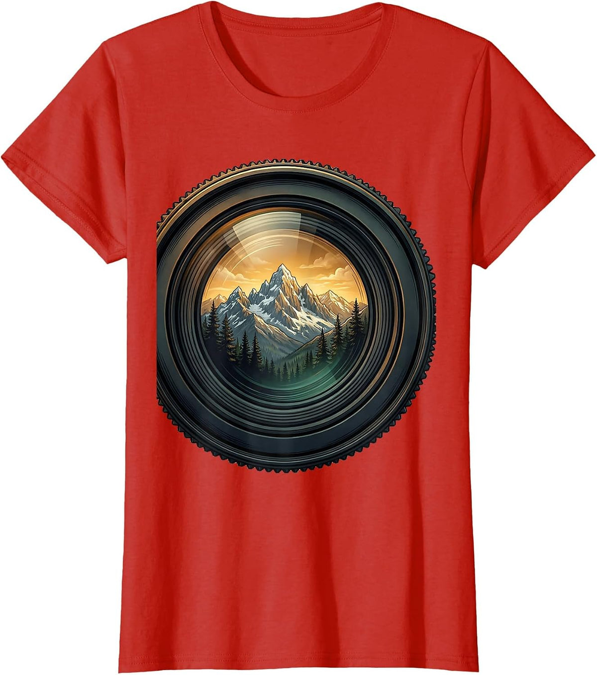 Camera Lens Mountain Landscape Reflection Art T-Shirt - Red