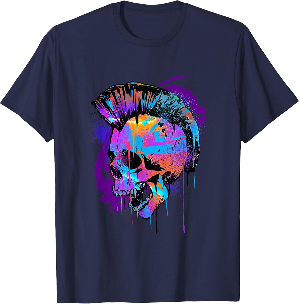 Pop Art Mohawk Skull Punk Rock Band Heavy Metal Rocker Goth T-Shirt - Navy Blue