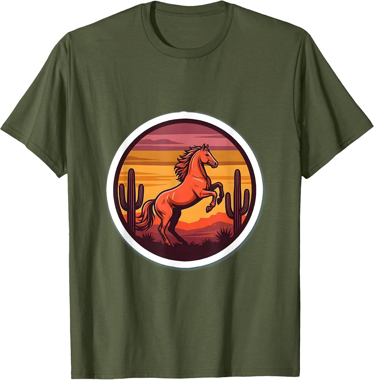Horse Silhouette Desert Sunset Western Design T-Shirt - Olive Green