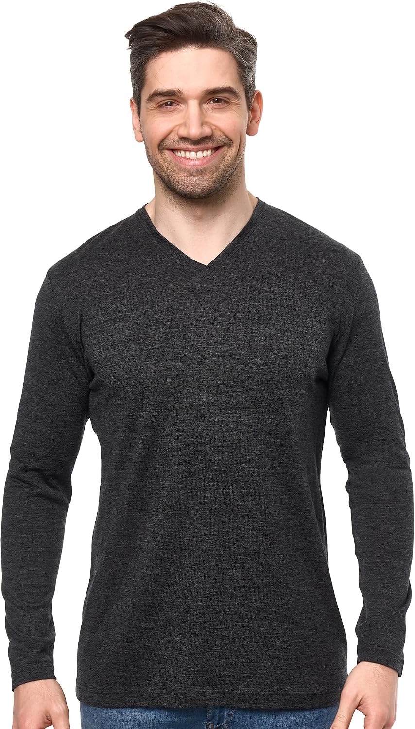100% Merino Wool Shirts for Men - Thermal Shirt Underscrub Long Sleeve - 190 Heathered Black V