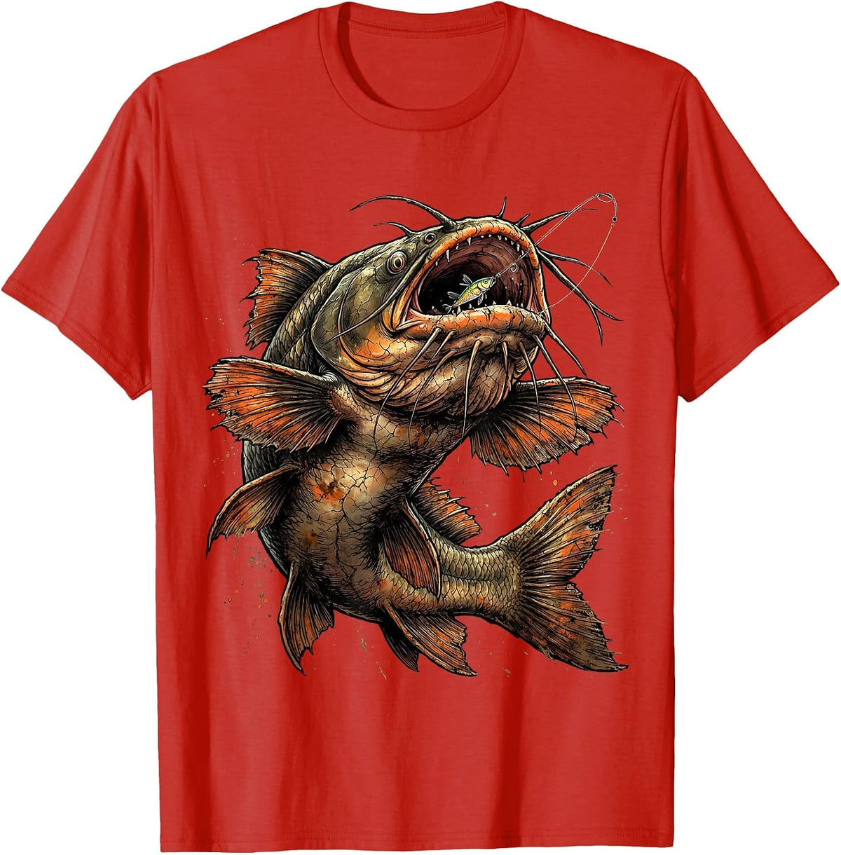 Men's Catfish Swallowing Lure Fishing Graphic T-Shirt - Red