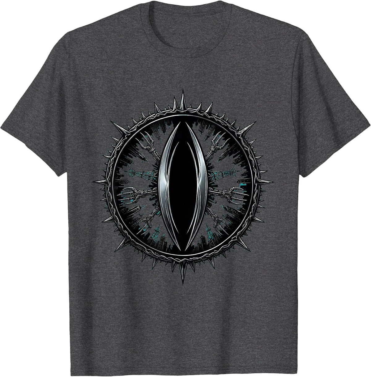 Cyberpunk Astronaut Dystopian Skyline Reflection T-Shirt - Dark Heather Grey