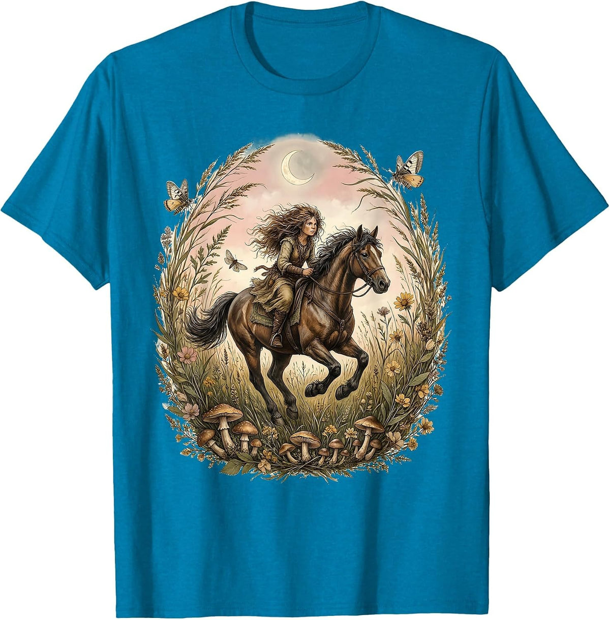 Bareback Gallop Through the Tall Grass Horse Rider T-Shirt - Sapphire Blue