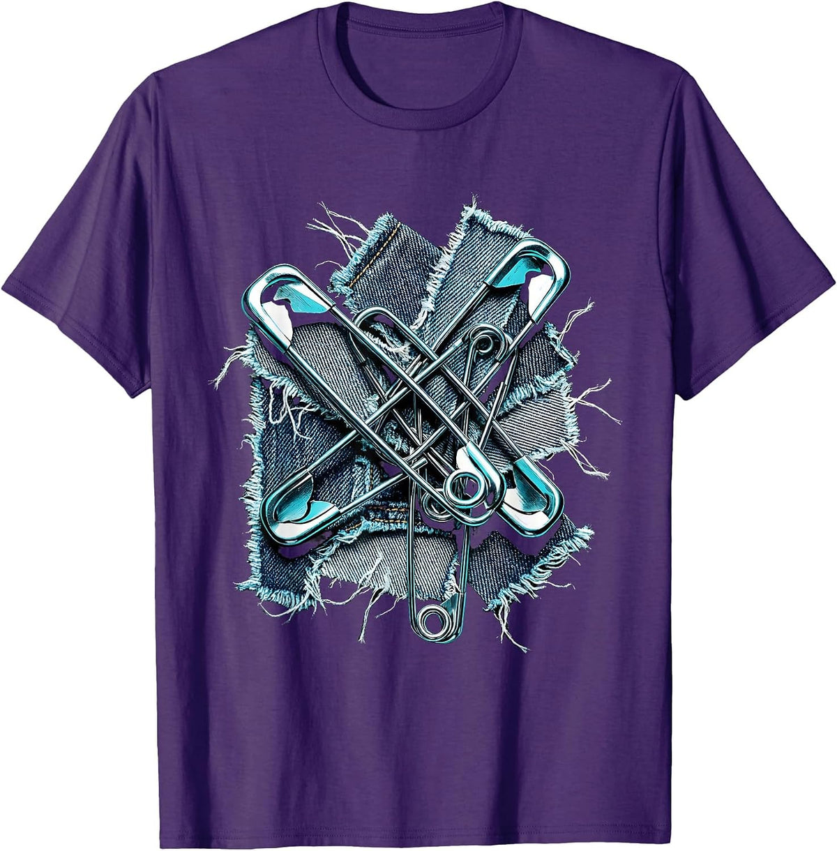 Punk Safety Pin Torn Denim Graphic Tee T-Shirt - Purple