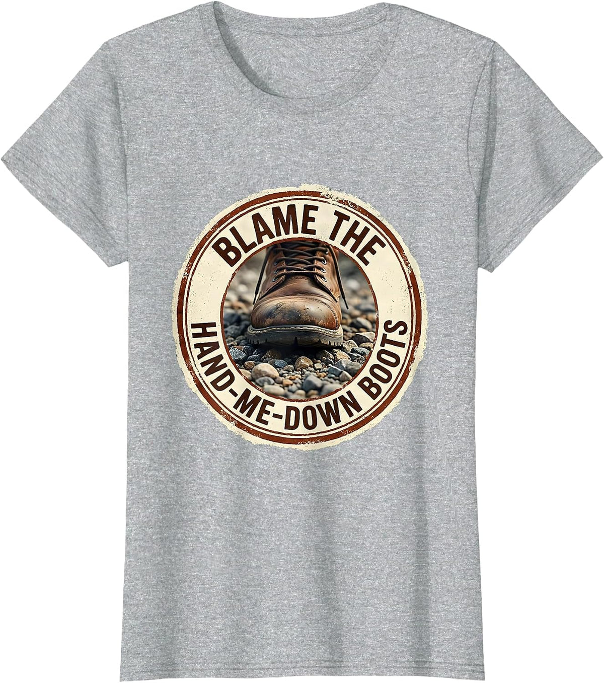 Blame The Hand-Me-Down Boots Rubber Stamp Country Music T-Shirt - Heather Grey