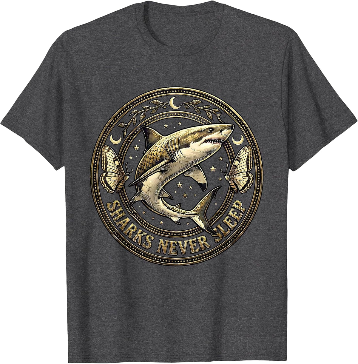Sharks Never Sleep Ocean Predator Design T-Shirt - Dark Heather Grey