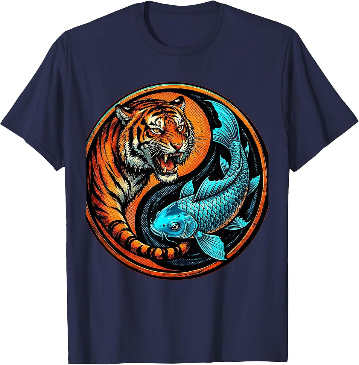 Tiger and Koi Fish Yin-Yang Balance Design T-Shirt - Navy Blue