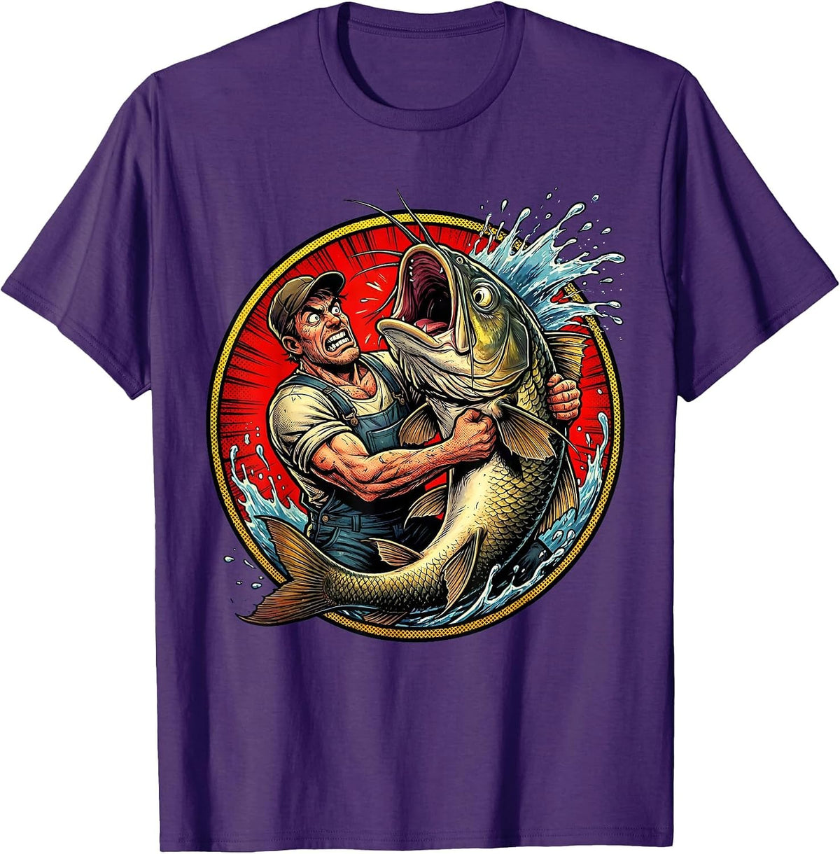 Men's Catfish Wrestling Funny Fishing Graphic T-Shirt - Purple