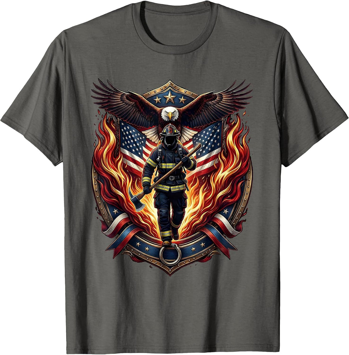 Men's Firefighter Silhouette Walking Through Flames T-Shirt - Asphalt Grey