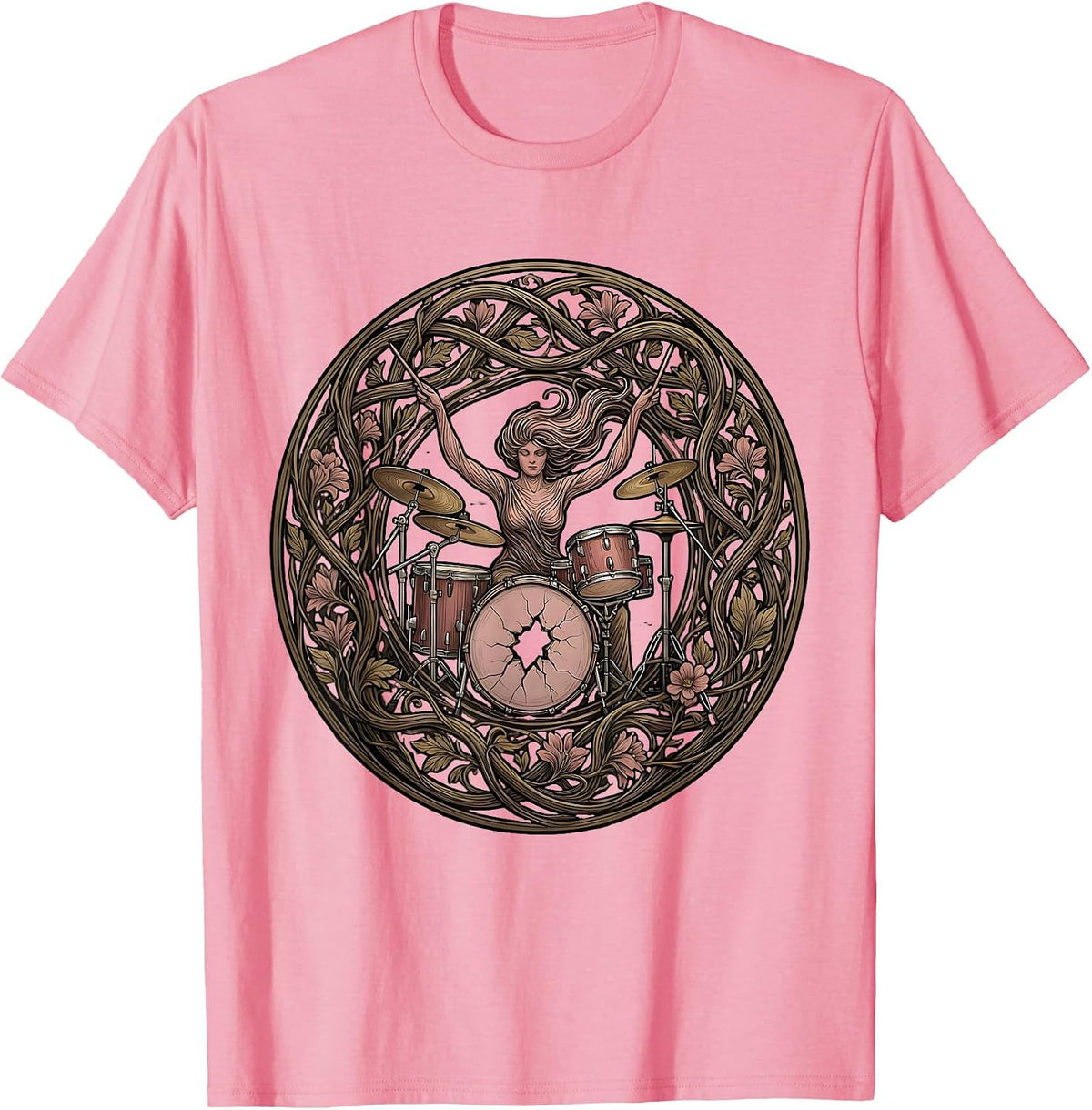Men's Drummer Through Cracked Bass Drum Band Tee T-Shirt - Pink