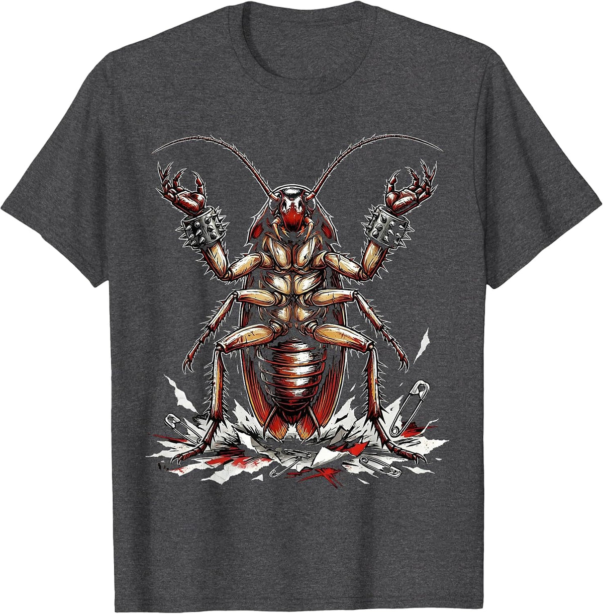 Punk Cockroach Studded Wristbands Graphic T-Shirt - Dark Heather Grey