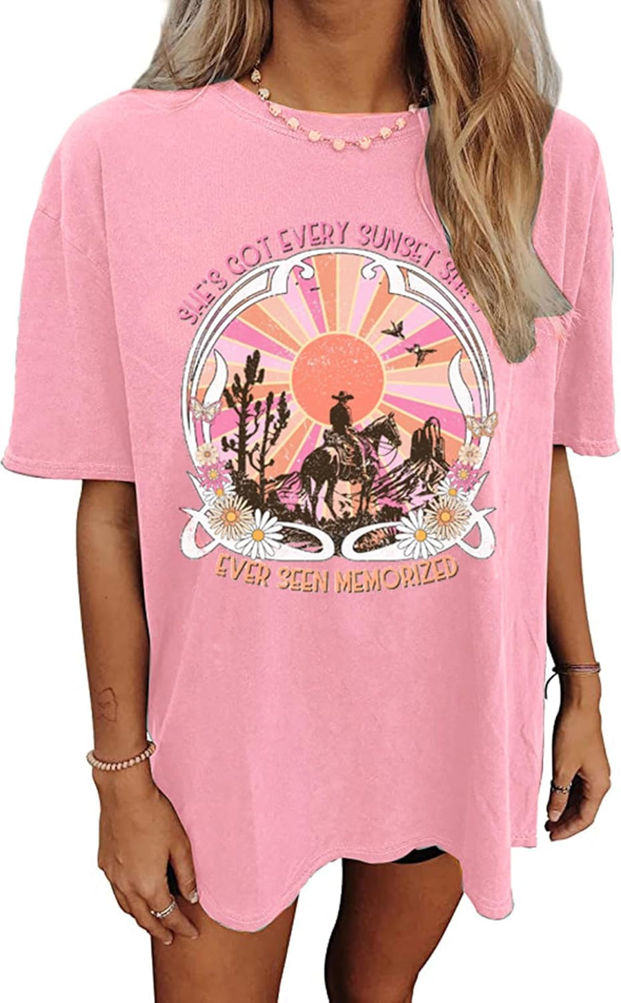Wild West Cowboy T Shirt Women Vintage Rodeo Shirts Cowboy Graphic Tee Oversized Country Music Short Sleeve Tops - Pink-2
