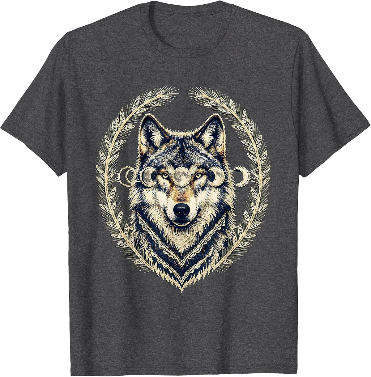 Men's Wolf Moon Phase Boho Celestial Astrology T-Shirt - Dark Heather Grey