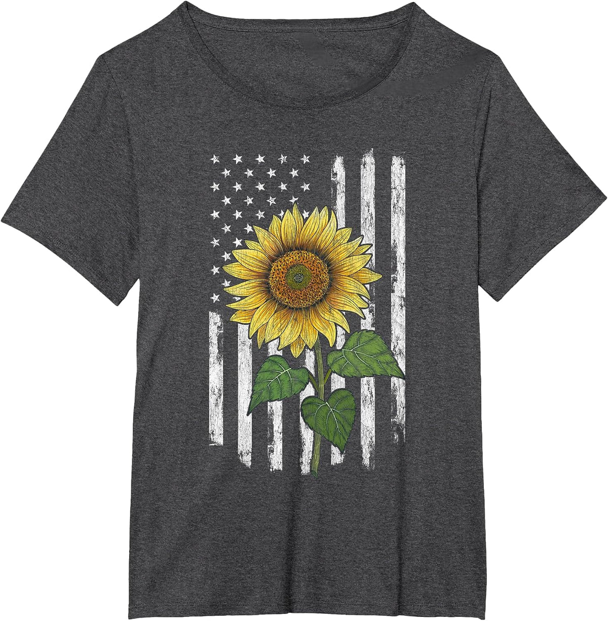Distressed USA Flag American Flag Yellow Sunflower Summer T-Shirt - Dark Heather Grey