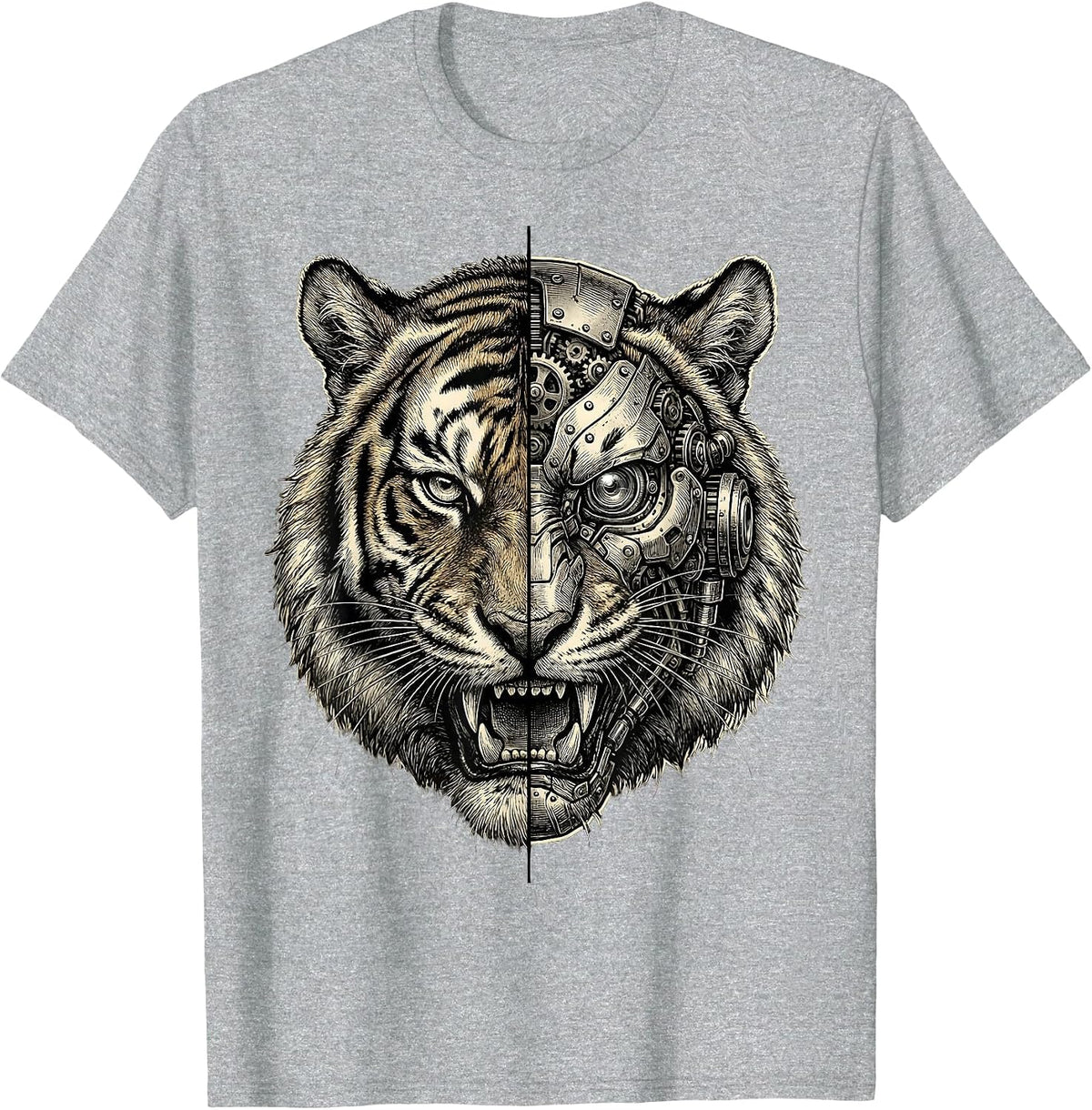 Men's Half Tiger Half Robot Mechanical Face Graphic T-Shirt - Heather Grey