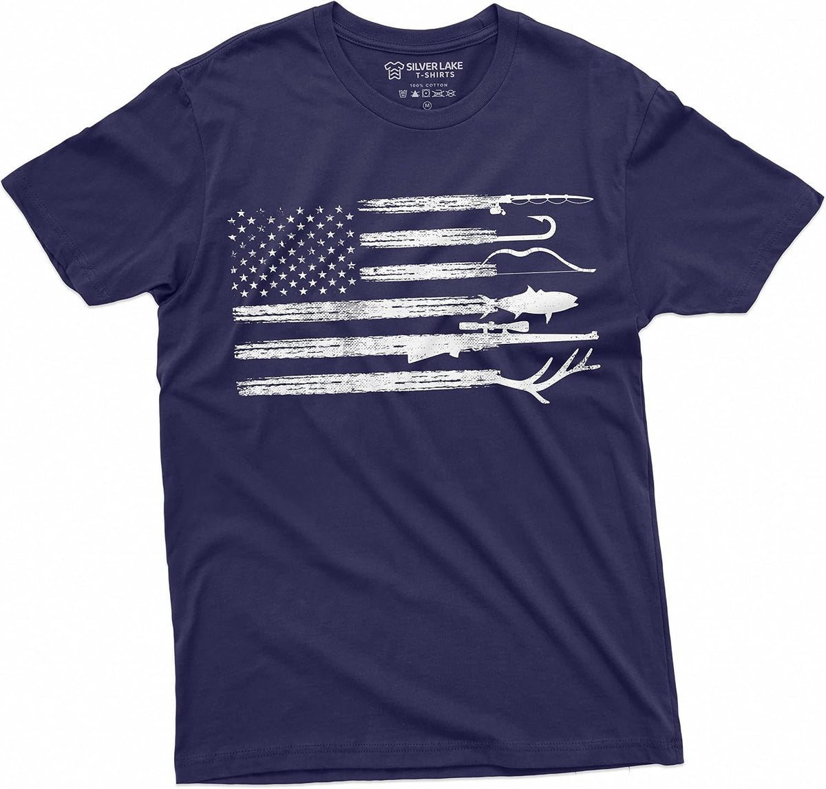 Men's Hunting Fishing Shirt USA Flag Nature Camo Shirt Father Gift Ideas Patriotic Tee - Navy Blue