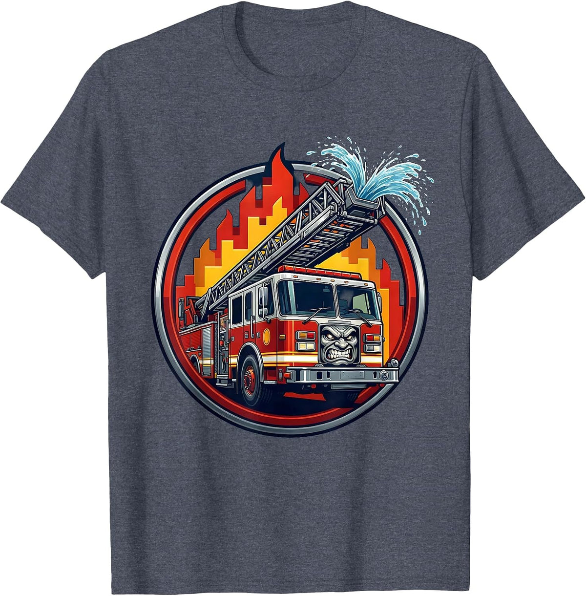 Aerial Ladder Truck Fighting Massive Blaze Firefighter T-Shirt - Heather Blue