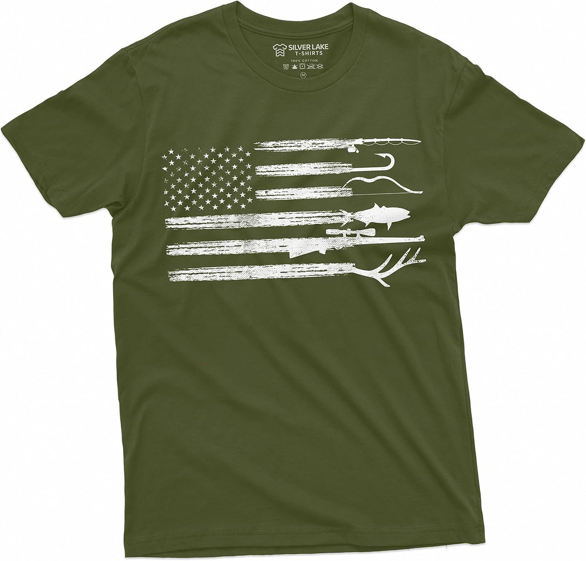 Men's Hunting Fishing Shirt USA Flag Nature Camo Shirt Father Gift Ideas Patriotic Tee - Military Green