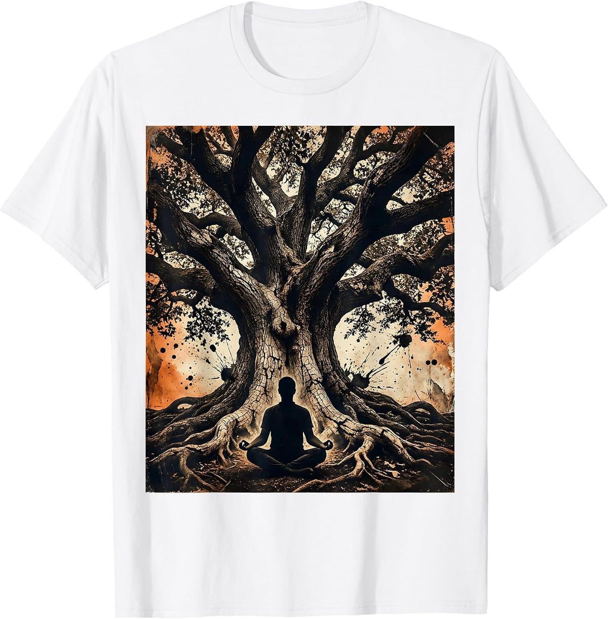 Men's Meditating Figure Under Ancient Twisted Oak Tree T-Shirt - White