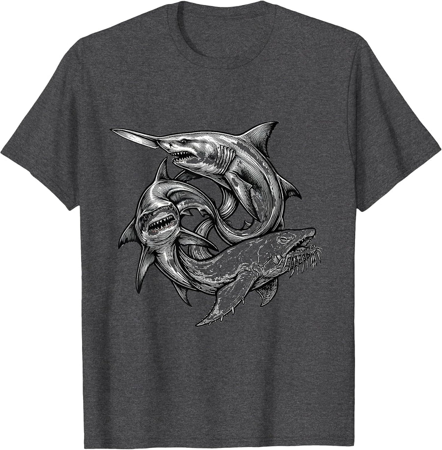 Men's Shark Profiles Marine Animal Lover Ocean Species T-Shirt - Dark Heather Grey
