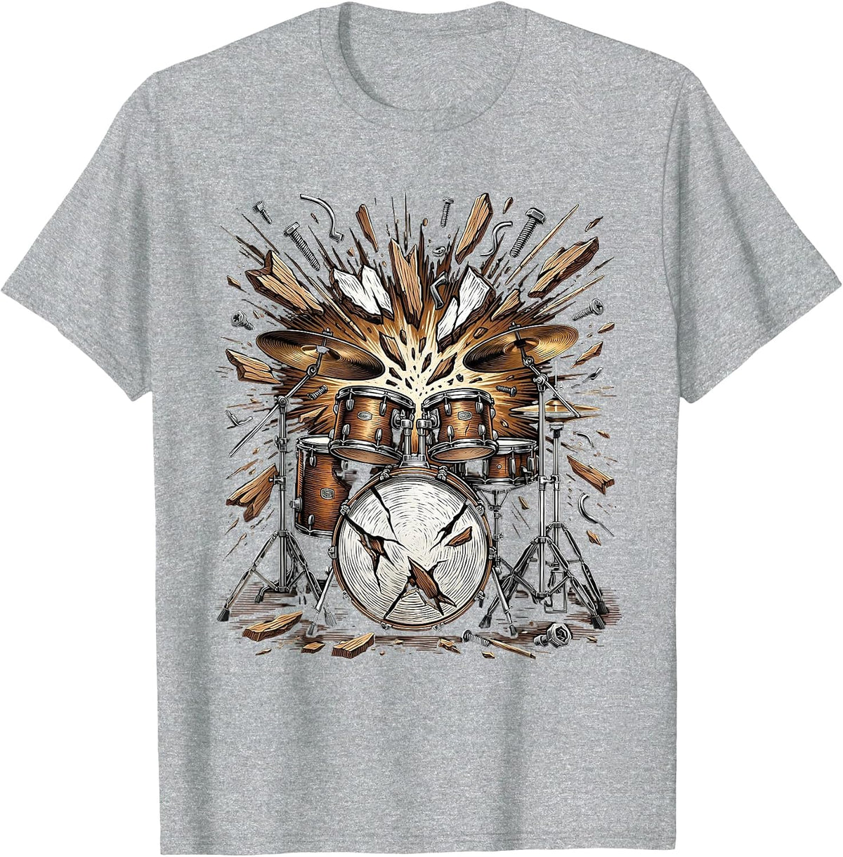 Men's Exploding Drum Kit Shattering Percussion Art T-Shirt - Heather Grey