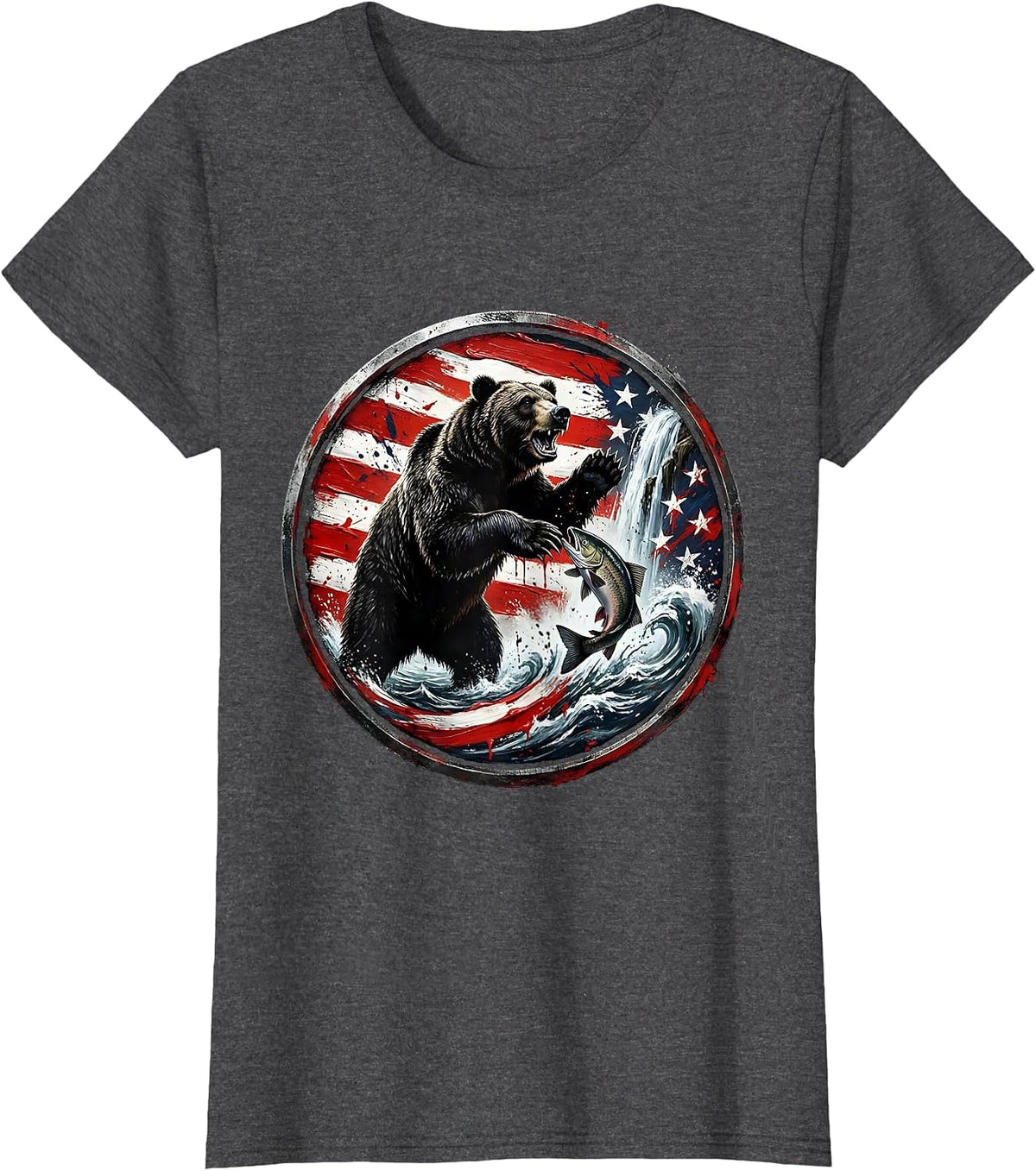Women's Bear Catching Salmon in Rushing Waterfall T-Shirt - Dark Heather Grey