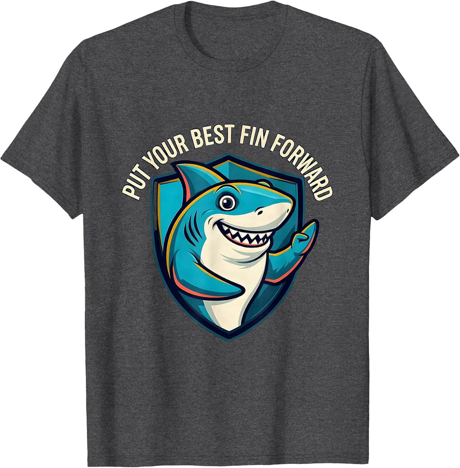 Men's Put Your Best Fin Forward Funny Shark Lover Ocean Wildlife T-Shirt - Dark Heather Grey