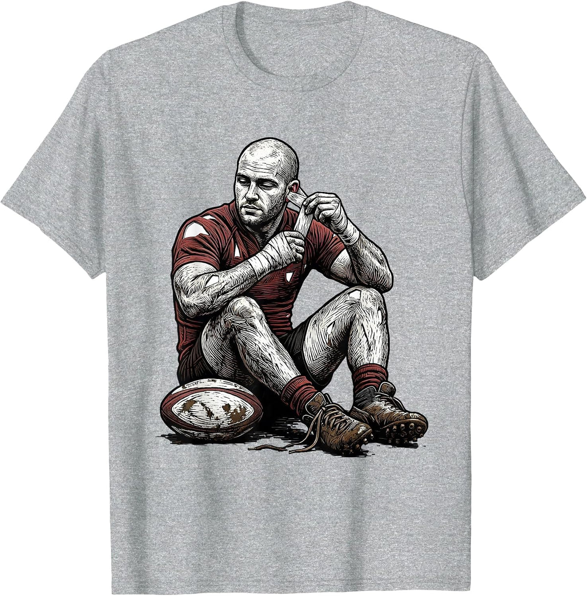 Men's Rugby Cauliflower Ear Woodcut Engraving Humor T-Shirt - Heather Grey