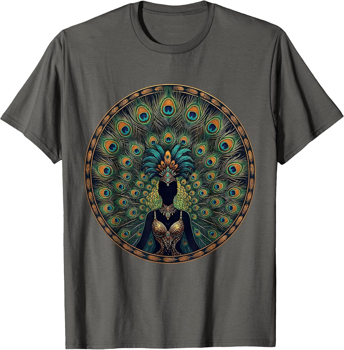 Showgirl Fan Dancer Peacock Feathers Graphic T-Shirt - Asphalt Grey
