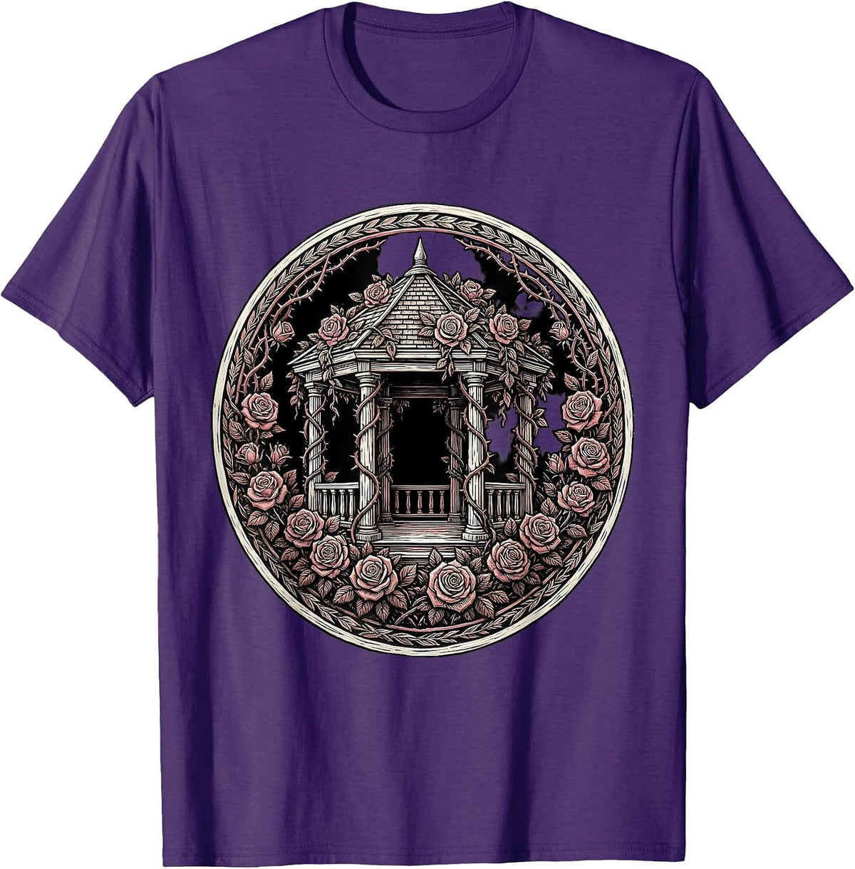 Gazebo Climbing Roses Garden Illustration T-Shirt - Purple