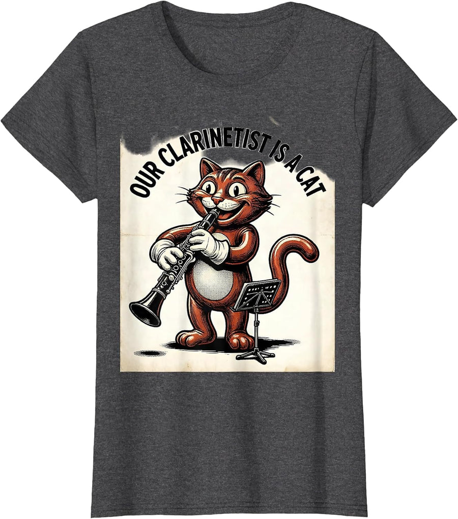 Women's Our Clarinetist Is A Cat Retro Cartoon Cat Musician Jazz T-Shirt - Dark Heather Grey