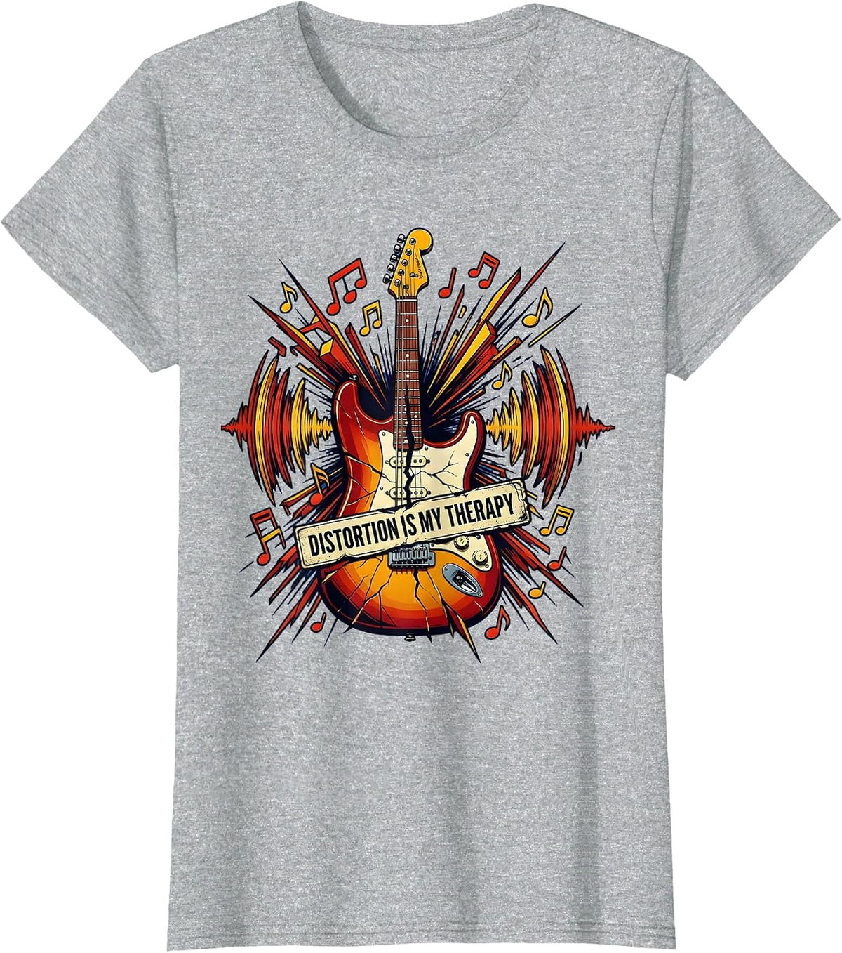 Distortion Is My Therapy Rock Band Guitar Design T-Shirt - Heather Grey
