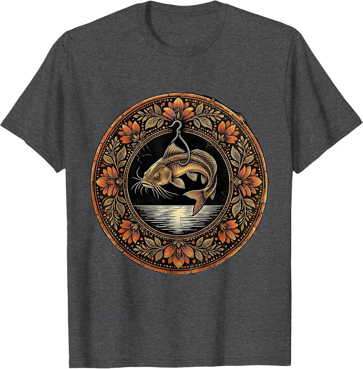 Catfish on a Hook Above Still Water Illustration T-Shirt - Dark Heather Grey