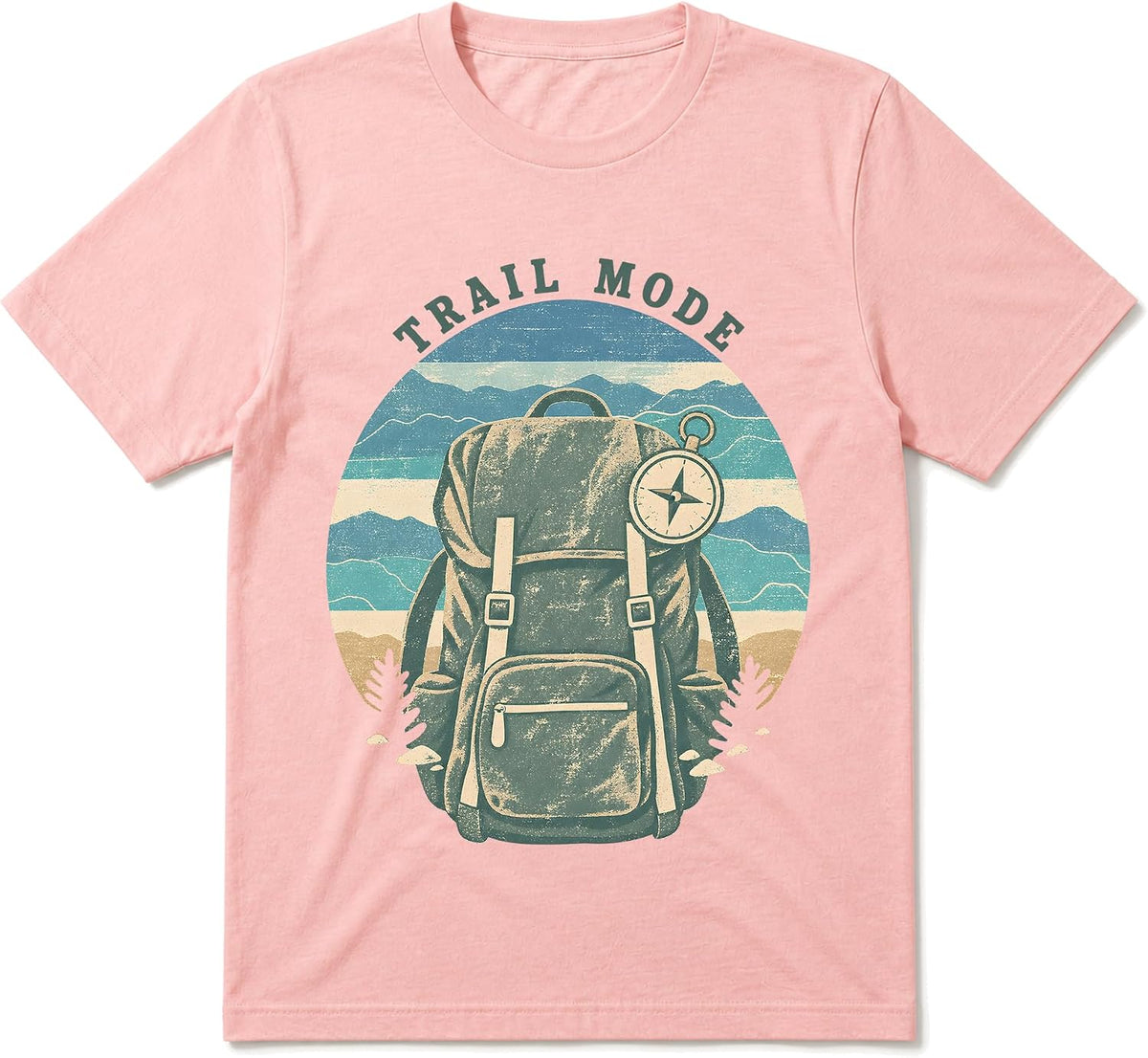 Retro Camping T-Shirt, Hiking Backpack and Compass Graphic - Pink