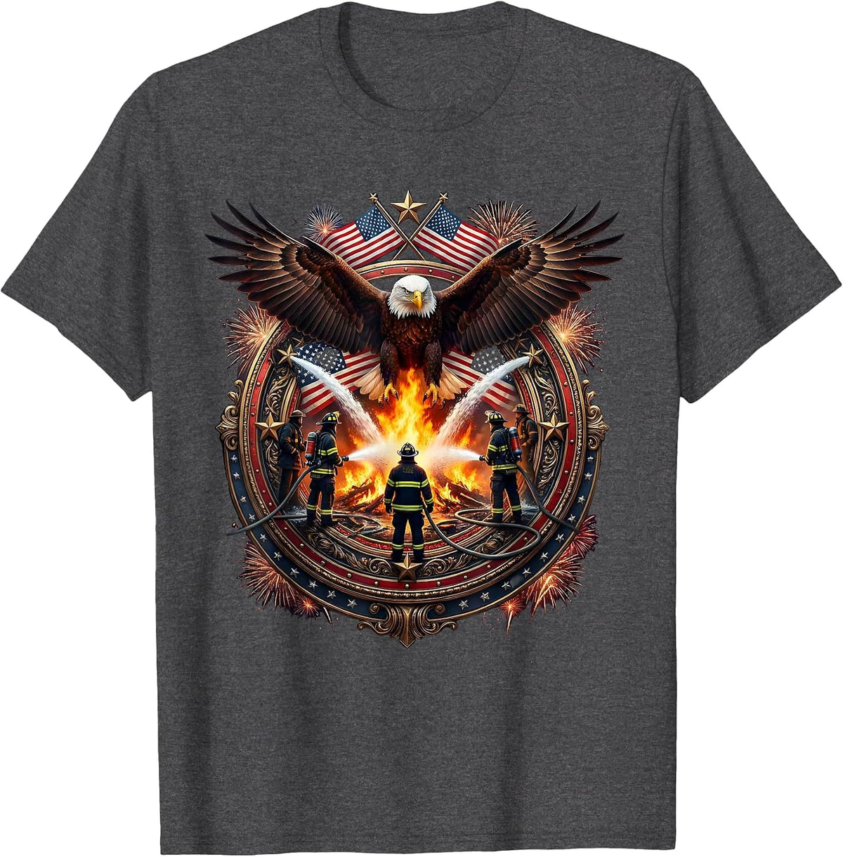 Aerial View Firefighters Surrounding Blaze Graphic T-Shirt - Dark Heather Grey