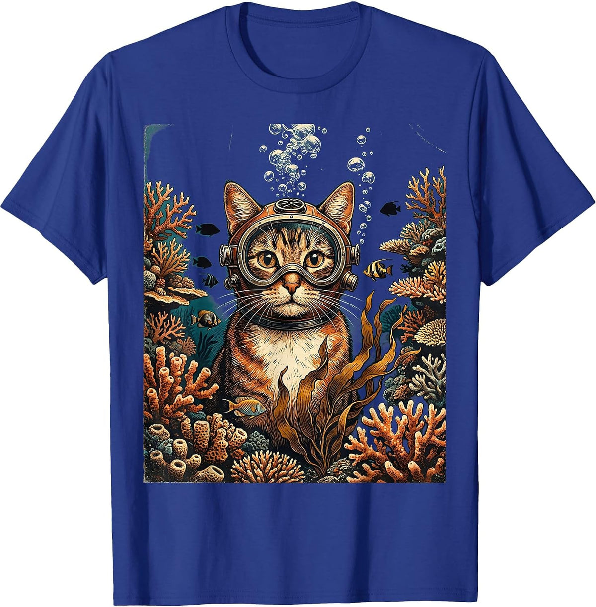 Cat Scuba Diver Underwater Reef Illustration T-Shirt - Royal Blue