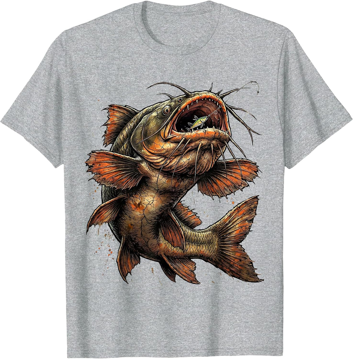 Men's Catfish Swallowing Lure Fishing Graphic T-Shirt - Heather Grey