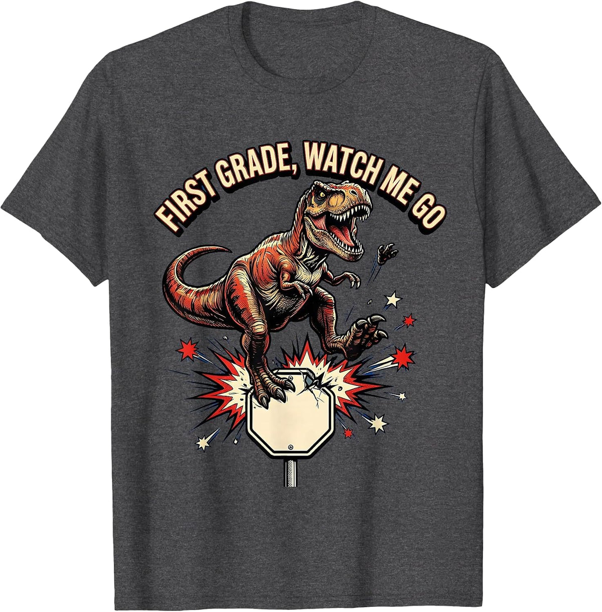 Men's First Grade Watch Me Go Comic Book Dinosaur Boy Back T-Shirt - Dark Heather Grey