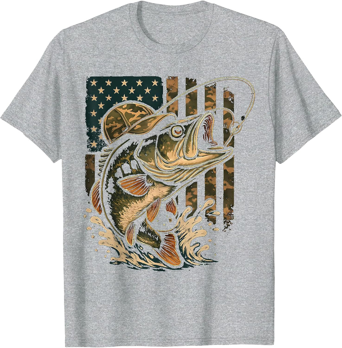 Fishing Camouflage US American Flag Bass Fish Fisherman Camo T-Shirt - Heather Grey