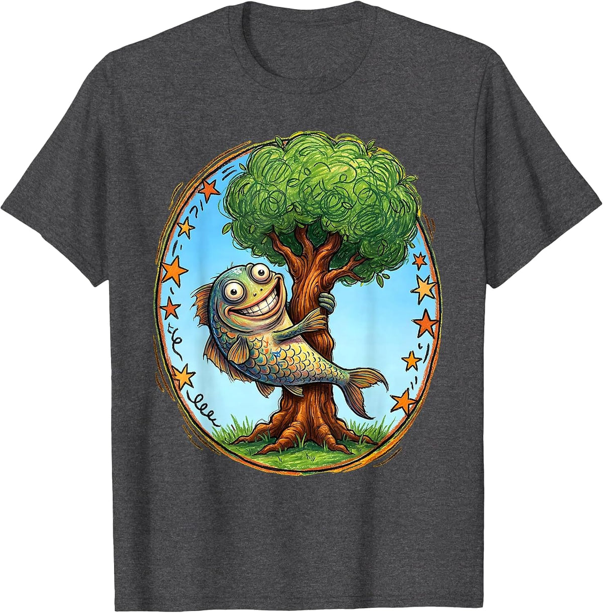 Funny Fish Climbing a Tree Stupid Humor Design T-Shirt - Dark Heather Grey