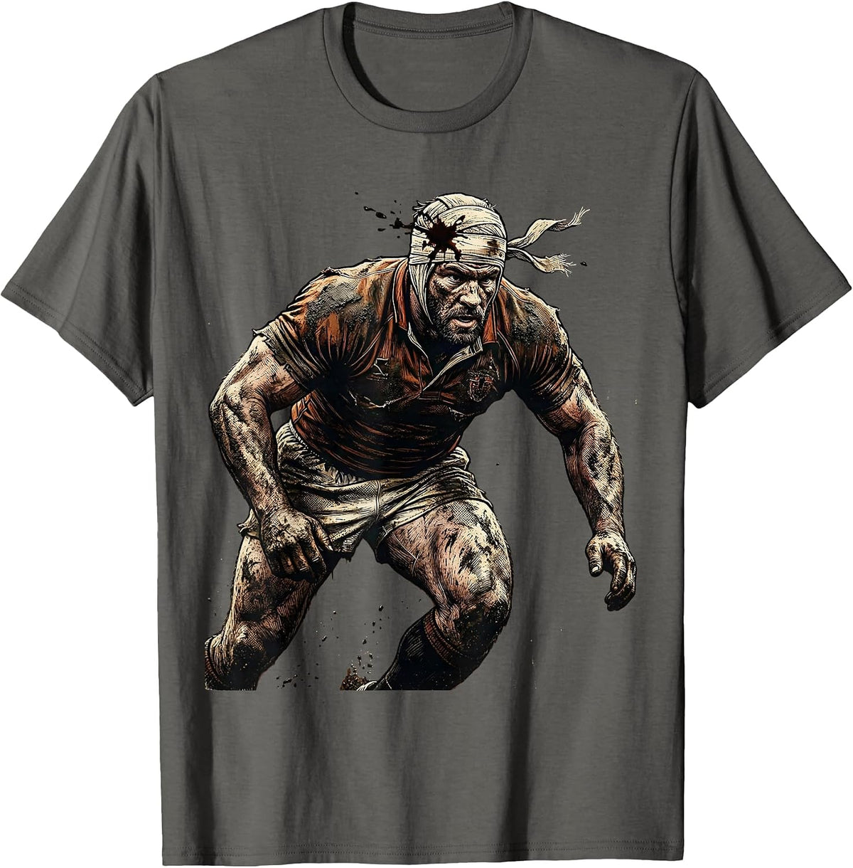 Bloodied Rugby Warrior Charging Graphic T-Shirt - Asphalt Grey