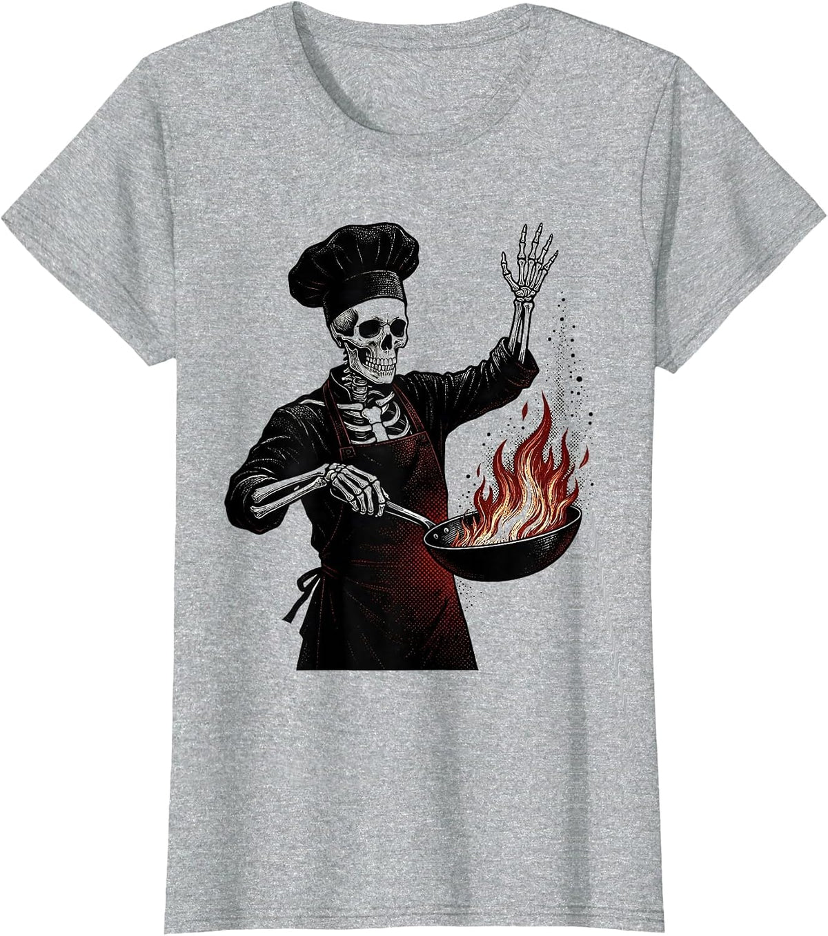 Skeleton Chef Flaming Skillet Cooking Graphic T-Shirt - Heather Grey