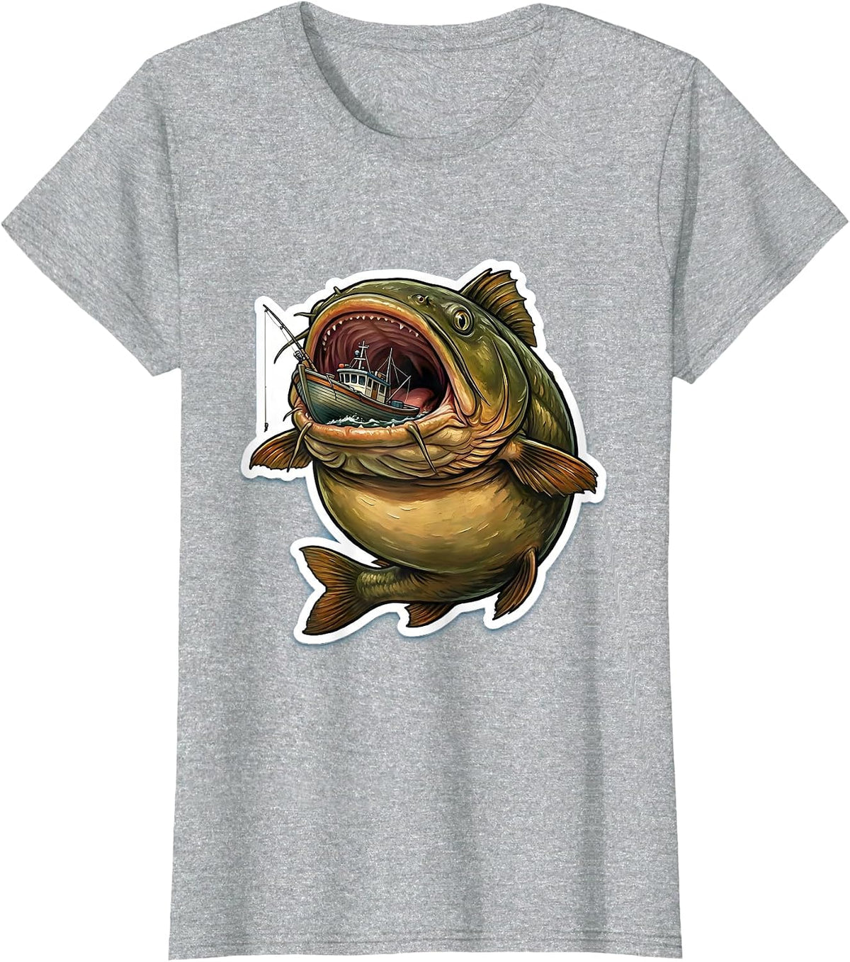 Giant Catfish Swallows Fishing Boat Funny Fishing T-Shirt - Heather Grey