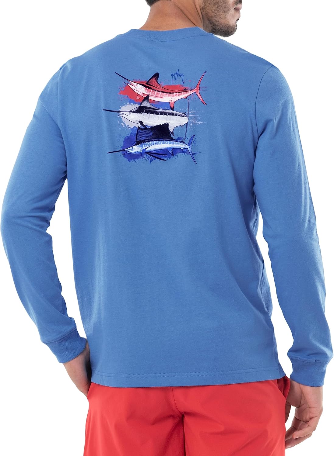 Guy Harvey Men’s Long Sleeve OG Cotton Graphic T-Shirt - Azure Blue\/American Bills
